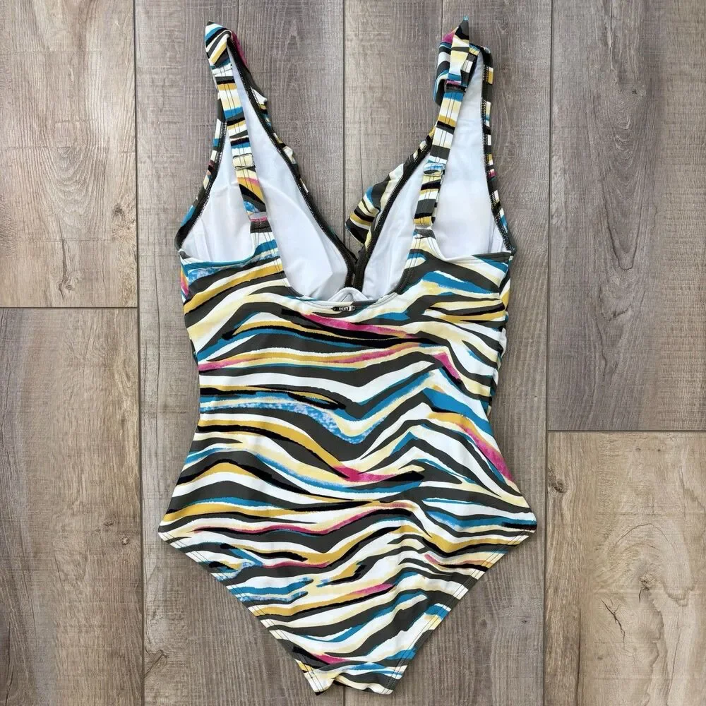 DKNY Women Ruffle One Piece Swimsuit Size 12 Colorful Ruched Tummy Control Artsy - Picture 5 of 16